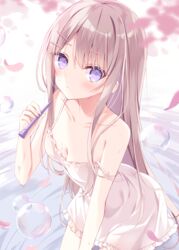  bare_arms bare_shoulders blush breasts brown_hair bubble cherry_blossoms cleavage collarbone commentary_request dress female frilled_dress frills hair_ornament hairclip hand_up holding hoshi_(snacherubi) long_hair looking_at_viewer original petals purple_eyes ripples sleeveless sleeveless_dress small_breasts solo strap_slip very_long_hair water wet white_background white_dress 