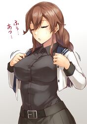  abo_(hechouchou) belt black_sailor_collar black_shirt black_skirt blush braid breasts brown_hair closed_eyes commentary covered_nipples dress_shirt female gradient_background grey_background highres hot kantai_collection large_breasts long_sleeves no_gloves noshiro_(kancolle) noshiro_kai_ni_(kancolle) open_clothes open_mouth open_shirt sailor_collar sailor_shirt shirt simple_background skirt solo sweat swept_bangs translated twin_braids white_background 