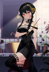  bare_shoulders black_dress black_gloves black_hair black_thighhighs breasts cleavage dress female fingerless_gloves flower gloves gold_hairband hair_flower hair_ornament hairband highres large_breasts long_hair looking_at_viewer myusha red_eyes rose sidelocks solo spy_x_family thighhighs thighs two-sided_dress two-sided_fabric yor_briar 