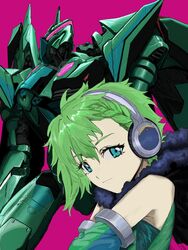  assault_visor bad_id bad_twitter_id blue_eyes commission detached_sleeves dress female green_dress green_hair headphones highres hood looking_at_viewer looking_up macross macross_delta mecha orrdriver pink_background reina_prowler robot short_hair skeb_commission smile variable_fighter vf-31 