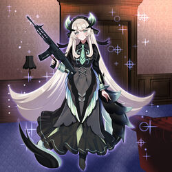  black_dress breasts chamber_dragonmaid closed_mouth dragon_girl dragon_tail dress duel_monster female full_body fuyuki_(neigedhiver) grey_eyes gun heterochromia highres holding holding_gun holding_weapon horns howa_type_20 indoors long_dress long_hair long_sleeves maid necktie smile solo tail very_long_hair weapon white_hair wings yu-gi-oh! 