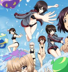  6+girls akaboshi_koume alina_(girls_und_panzer) balloon bikini black_bikini black_hair blonde_hair blue_eyes blush breasts brown_eyes commission day girls_und_panzer grey_hair groin hida_ema highres itsumi_erika itsumi_erika&#039;s_gunner itsumi_erika&#039;s_loader katyusha_(girls_und_panzer) key_(gaigaigai123) multiple_girls navel ocean one_eye_closed open_mouth outdoors ponytail short_hair small_breasts smile swimsuit water_balloon white_hair 