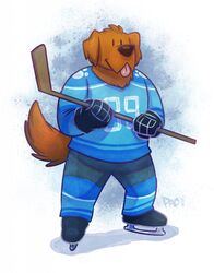  anthro brown_body brown_fur canid canine canis clothing devin_d_parlett digital_media_(artwork) domestic_dog fur gloves grey_nose hamilton_wanderers handwear hi_res hockey hockey_jersey hockey_stick ice_skates ice_skating male mammal molosser mountain_dog neck_tuft newf newfoundland_dog pac simple_background solo sport tuft 