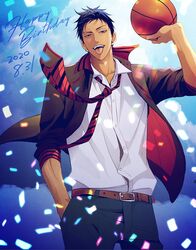  1boy a_jou aomine_daiki arm_up ball basketball basketball_(object) belt black_jacket black_pants blazer blue_eyes blue_hair brown_belt cloud cloudy_sky collared_shirt confetti cowboy_shot dark-skinned_male dark_skin dated hand_in_pocket happy_birthday highres holding holding_ball jacket kuroko_no_basuke looking_at_viewer male_focus necktie open_mouth pants red_necktie school_uniform shirt short_hair sky sleeves_rolled_up solo standing teeth tongue tongue_out tsurime white_shirt 