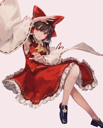  armpits ascot black_footwear bow brown_hair detached_sleeves female frilled_bow frilled_skirt frills hair_tubes hairbow hakurei_reimu highres jichou_senshi legs medium_hair nontraditional_miko orange_ascot red_bow red_eyes ribbon-trimmed_sleeves ribbon_trim shoes sidelocks simple_background skirt skirt_set touhou wide_sleeves 