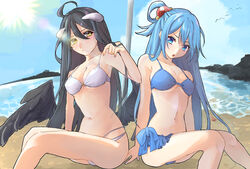  2girls ahoge albedo_(overlord) aqua_(konosuba) aqua_hair armpit_peek bad_id bad_pixiv_id bare_legs beach bikini bird bird_wings black_hair blue_bikini blue_eyes blush breasts cleavage closed_mouth cloud cloudy_sky commentary_request day demon_horns doufu-sora0613 frilled_bikini frills hair_between_eyes hair_bobbles hair_ornament hair_rings hand_in_own_hair horns isekai_quartet kono_subarashii_sekai_ni_shukufuku_wo! long_hair looking_at_viewer medium_breasts midriff multiple_girls navel ocean outdoors overlord_(maruyama) parted_lips sitting sky sun sunlight swimsuit thighs white_bikini wings yellow_eyes 