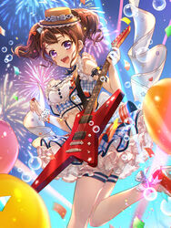  :d aerial_fireworks alternate_hairstyle ankle_ribbon arm_ribbon arm_scrunchie balloon bang_dream! blue_background blue_shirt blue_skirt blush bow bowtie breasts brown_hair bubble commentary_request confetti cowboy_shot crop_top earrings electric_guitar esp_guitars female fireworks frilled_skirt frilled_sleeves frills gradient_background guitar hair_ornament hat high_heels highres holding holding_instrument holding_plectrum iku2727 instrument jewelry leg_ribbon lights looking_at_viewer medium_breasts midriff mini_hat navel open_mouth plaid plaid_shirt plaid_skirt plectrum polka_dot polka_dot_bow profile purple_eyes red_footwear ribbon shirt sidelocks skirt sleeveless sleeveless_shirt smile solo standing standing_on_one_leg star_(symbol) star_earrings star_hair_ornament strap suspender_skirt suspenders teeth thighhighs toyama_kasumi twintails upper_teeth_only white_thighhighs 