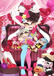  +_+ alternate_headwear asymmetrical_legwear balloon black_hair blue_legwear bow callie_(splatoon) character_doll commentary couch cousins doll dress english_commentary fangs flats flower gift gloves gradient_hair hair_ornament hairbow hand_on_own_face heart_balloon holding holding_doll inkling judd_(splatoon) looking_at_viewer marie_(splatoon) mismatched_legwear multicolored_hair nomu_(29_nom) on_couch open_mouth pantyhose pink_bow pink_flower pink_footwear pink_gloves pink_hair pink_legwear pink_rose pointy_ears purple_dress red_flower red_rose rose short_dress sitting smile splatoon_(series) squidbeak_splatoon star_(symbol) star_hair_ornament teapot tentacle_hair white_flower white_rose zapfish 