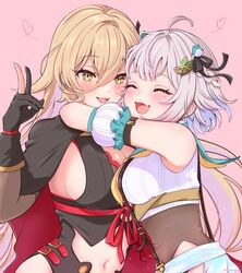  2girls black_gloves blonde_hair breasts closed_eyes gloves hayama_marin hayama_marin_(3rd_costume) highres hug large_breasts long_hair majomarity_(nijisanji) mole mole_under_eye mugimugigo multiple_girls nijisanji nui_sociere nui_sociere_(1st_costume) very_long_hair virtual_youtuber yellow_eyes 