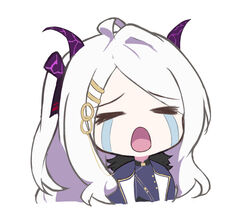  ahoge black_jacket blue_archive blush chibi closed_eyes commentary crying crying_emoji curled_horns demon_horns emoji facing_viewer female hair_between_eyes hair_ornament hairclip hina_(blue_archive) horns jacket long_hair meme multiple_horns open_mouth parted_bangs shin_121 shirt simple_background solo symbol-only_commentary t_t tears uohhhhhhhhh!_(meme) upper_body white_background white_hair 