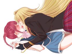  2girls blonde_hair blush breasts closed_eyes couple french_kiss holding_hands kissing long_hair multiple_girls pink_hair shikishima_mirei simple_background skirt takato_kiwa thighs tokonome_mamori tongue valkyrie_drive valkyrie_drive_-mermaid- very_long_hair white_background yuri 