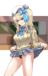  absurdres bare_legs beret black_panties blonde_hair blue_bow blue_eyes blue_neckwear bow brown_cardigan cardigan closed_mouth clothes_lift feet_out_of_frame female girls&#039;_frontline girls&#039;_frontline_2:_exilium grey_skirt hairbow hat heart heart_print heart_tattoo highres kepra_iii legs long_hair looking_at_viewer panties simple_background skirt skirt_lift smile solo standing tattoo tongue tongue_out underwear vepley_(girls&#039;_frontline_2) white_hat 