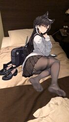  animal_ears atago_(azur_lane) azur_lane bad_id bad_twitter_id bag bed black_hair black_pantyhose black_skirt brown_eyes cat_ears commentary_request female hair_ribbon highres hotel_room indoors legs long_hair long_sleeves looking_at_viewer looking_back lying miniskirt no_shoes on_bed on_side panties panties_under_pantyhose pantyhose parted_lips photo_background pillow pleated_skirt ribbon school_bag school_uniform serafuku shoes skirt solo sweater takagaki_eru thighband_pantyhose underwear unworn_shoes white_ribbon white_sweater 