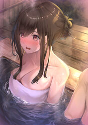  1boy @_@ bare_shoulders bath bathing blush breasts brown_eyes brown_hair cleavage collarbone commentary_request eyebrows_hidden_by_hair female glint hair_bun hair_ornament hand_on_own_chest highres idolmaster idolmaster_shiny_colors large_breasts long_hair mixed-sex_bathing naked_towel onsen open_mouth partial_commentary pepeo shared_bathing sparkle steam towel tsukioka_kogane wavy_mouth wet 