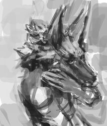  ambiguous_gender anthro canid canine canis ears_up fluffy key_rooki looking_at_viewer mammal monochrome painterly solo 