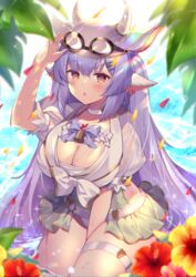  animal_ears bad_id bad_twitter_id bikini blue_hair blush breasts catura_(granblue_fantasy) choker cleavage cow_ears cow_girl cow_horns draph female goggles goggles_on_head granblue_fantasy hat homaderi horns large_breasts long_hair looking_at_viewer miniskirt open_mouth pointy_ears puffy_short_sleeves puffy_sleeves short_sleeves skirt solo swimsuit thighs water white_hat 