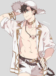  1boy bracelet brown_hair closed_mouth ear_piercing granblue_fantasy green_eyes hat jacket jewelry lobelia_(danger_beckons_by_the_shore)_(granblue_fantasy) lobelia_(granblue_fantasy) male_focus mame_lde navel necklace official_alternate_costume open_clothes open_jacket pectorals piercing short_hair shorts simple_background smile solo straw_hat toned toned_male upper_body white_jacket white_shorts 