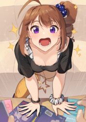  ahoge arm_support black_shirt blue_scrunchie blush bracelet breasts brown_hair cleavage commentary downblouse drill_hair emphasis_lines female grey_shirt hair_ornament hair_scrunchie idolmaster idolmaster_million_live! jaw_drop jewelry kamille_(vcx68) leaning_forward looking_at_viewer medium_breasts medium_hair necklace open_mouth orange_pants pants pov print_scrunchie purple_eyes scrunchie shirt shirt_straps short_sleeves side_drill side_ponytail sparkle star_(symbol) star_necklace star_print t-shirt wrist_scrunchie yokoyama_nao 