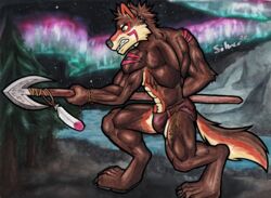  anthro aurora_(phenomenon) bottomwear canid canine canis clothing hi_res loincloth male mammal markings melee_weapon muscular muscular_anthro muscular_male northern painting_(artwork) polearm silverferak solo spear tattoo torik traditional_media_(artwork) tribal watercolor_(artwork) weapon wilderness wolf 