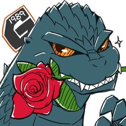  1:1 ambiguous_form ambiguous_gender claws fangs flower flower_in_mouth godzilla godzilla_(series) grey_body grey_skin icon kaiju looking_at_viewer lyserk_acid_(artist) monster orange_eyes plant reptile rose_(flower) rose_in_mouth scales scalie sharp_teeth simple_background solo sparkling_character teeth toho white_background 