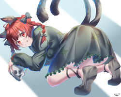  :q absurdres animal_ear_fluff animal_ears ass black_bow black_footwear bow braid cat_ears cat_tail commentary_request dress female green_dress hairbow highres kaenbyou_rin long_sleeves looking_at_viewer looking_back multiple_tails nekomata red_eyes red_hair shoes skull solo tail tongue tongue_out top-down_bottom-up touhou twin_braids two_tails yujin_(kanouyuuto-0423) 