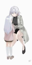  2girls absurdres back black_footwear black_shirt brown_footwear cardigan closed_eyes closed_mouth coat girls&#039;_frontline grey_hair high_heels highres long_hair looking_at_another medium_hair multiple_girls open_clothes open_coat open_mouth pink_cardigan purple_eyes rpk-16_(girls&#039;_frontline) shirt sitting smile socks standing turtleneck useless_(gss44344) white_background white_coat white_hair 