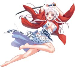  :o arms_up barefoot bath_yukata blush breasts dirty dirty_clothes female floating_hair full_body ghost hanten_(clothes) holding holding_sword holding_weapon japanese_clothes katana kimono large_breasts long_hair long_sleeves looking_at_viewer official_art open_clothes open_mouth open_robe red_eyes robe solo sword torn_clothes torn_kimono transparent_background triangular_headpiece two-handed weapon white_hair wide_sleeves yukata yunohana_yuuna yuragisou_no_yuuna-san 