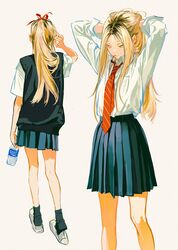  black_hair black_vest blonde_hair blue_skirt bottle brown_eyes collared_shirt female full_body genderswap_(mtf) grey_background haikyuu!! hair_behind_ear hair_ribbon hands_in_hair holding holding_bottle holding_own_hair huangdanlan kozume_kenma long_hair multicolored_hair multiple_views necktie ponytail red_necktie red_ribbon ribbon rule_63 school_uniform shirt skirt streaked_hair tying_hair vest water_bottle white_footwear white_shirt 