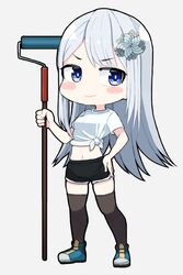  alternate_costume ban_hada black_thighhighs blue_eyes blue_footwear breasts chibi crop_top female full_body grey_hair highres holding korean_commentary long_hair looking_to_the_side medium_breasts midriff navel nijisanji nijisanji_kr paint_roller shirt shoes sizeaton smile sneakers solo thighhighs tied_shirt v-shaped_eyebrows virtual_youtuber white_shirt 