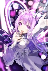  :d absurdres alicorn arm_up azur_lane bare_shoulders commentary detached_sleeves double_bun dress female from_above ha_en hair_bun hair_ribbon highres holding holding_microphone long_hair looking_at_viewer looking_up microphone music open_mouth pantyhose pleated_skirt purple_eyes purple_hair ribbon singing skirt smile solo unicorn_(angelic_night)_(azur_lane) unicorn_(azur_lane) white_dress white_pantyhose white_skirt 