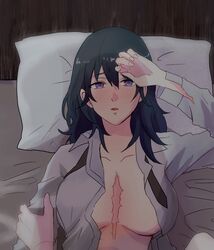  2girls bed blue_eyes blue_hair blush breasts breasts_apart byleth_(female)_(fire_emblem) byleth_(fire_emblem) commentary_request edelgard_von_hresvelg female_pov fire_emblem fire_emblem:_three_houses long_sleeves looking_at_viewer lying multiple_girls no_bra on_back open_clothes open_mouth open_shirt parted_lips pillow pov scar solo_focus upper_body yukiyanagi_raki yuri 