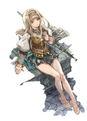  absurdres alicia_(valkyrie_profile_2) aqua_eyes arm_support barefoot breasts commentary_request feet female fingernails full_body hair_ornament hairband hand_up highres legs light_smile lips long_hair long_sleeves looking_at_viewer medium_breasts miniskirt puffy_sleeves simple_background sitting skirt smile soaking_feet solo sword toes valkyrie_profile_(series) valkyrie_profile_2:_silmeria water weapon yasuda_akira 