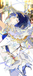  abstract_background blue_dress blue_hair blunt_bangs dress ezu_(e104mjd) facing_away feather_collar female genshin_impact gloves gold_trim green_eyes grey_gloves highres jacket looking_at_viewer looking_back short_hair smile solo upper_body white_jacket yelan_(genshin_impact) 