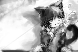  3:2 abstract_background anthro breath clothing felid feline felis jacket key_rooki leaning_on_wall male mammal monochrome painterly raised_tail shadow sitting solo tail topwear 