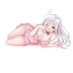  breasts female full_body ghost hand_on_own_face large_breasts long_hair lying on_side one_eye_closed open_mouth photoshop_(medium) red_eyes simple_background solo spaghetti_strap strap_slip tears triangular_headpiece white_background wince yunohana_yuuna yuragisou_no_yuuna-san 