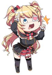  +tic_nee-san akai_haato bangs blonde_hair blue_eyes boots bow bowtie cameo chibi commentary_request eyebrows_visible_through_hair eyepatch female finger_gun haaton_(akai_haato) hair_ornament hairbow hairclip heart heart_hair_ornament highres hololive konnyaku_(kk-monmon) long_hair medical_eyepatch one_eye_covered open_mouth parody salute simple_background solo thigh_strap thighhighs tongue tongue_out two-finger_salute virtual_youtuber white_background 