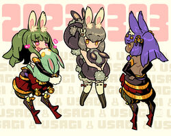  3girls :d ;d animal_ear_fluff animal_ears animal_hug animal_on_head backless_outfit blush commentary dark-skinned_female dark_skin dated detached_sleeves geta green_hair heart heart-shaped_pupils highres himukai_yuuji masurao_(sekaiju) masurao_2_(sekaiju) masurao_4_(sekaiju) monster multiple_girls on_head one_eye_closed purple_hair rabbit rabbit_day rabbit_ears rabbit_girl romaji_text sekaiju_no_meikyuu sekaiju_no_meikyuu_5 smile standing symbol-only_commentary symbol-shaped_pupils tengu-geta therian_(sekaiju) therian_2_(sekaiju) wavy_mouth yellow_eyes 