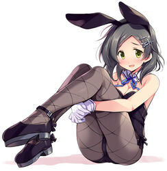  alternate_costume animal_ears black_footwear black_leotard black_pantyhose blue_ribbon blush breasts cleavage commentary detached_collar fake_animal_ears female full_body gloves green_eyes grey_hair hair_ornament hairclip hugging_own_legs kantai_collection kuroshio_(kancolle) kuroshio_kai_ni_(kancolle) leotard medium_hair neck_ribbon odawara_hakone open_mouth pantyhose playboy_bunny rabbit_ears ribbon shadow simple_background sitting solo sweat white_background white_gloves 