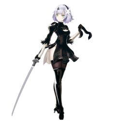  2b_(nier:automata) 2b_(nier:automata)_(cosplay) absurdres alternate_costume black_dress black_footwear black_gloves black_thighhighs blunt_bangs boots braid breasts cleavage cleavage_cutout clothing_cutout cosplay dress fabric female flower full_body genshin_impact gloves green_eyes hair_flower hair_ornament hairband highres holding holding_blindfold holding_sword holding_weapon katana long_sleeves looking_at_viewer nier:automata nier_(series) noelle_(genshin_impact) short_hair sidelocks simple_background single_braid solo standing sword thigh_boots thighhighs thighhighs_under_boots trait_connection unusualpie unworn_blindfold weapon white_background white_hair 