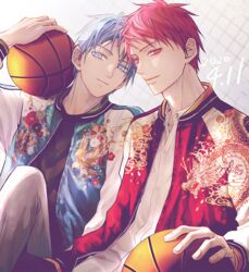  2boys a_jou akashi_seijuurou ball basketball basketball_(object) black_shirt blue_eyes blue_hair blue_jacket closed_mouth collared_shirt dated grey_pants hair_between_eyes holding holding_ball jacket knee_up kuroko_no_basuke kuroko_tetsuya light_smile looking_at_viewer male_focus multicolored_clothes multicolored_jacket multiple_boys pants red_eyes red_hair red_jacket shirt short_hair sitting smile two-tone_jacket upper_body white_jacket white_shirt 