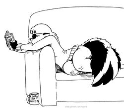  2019 anthro black_and_white book clothed clothing coffee_cup container cup female furniture kelly_o&#039;dor mammal mephitid monochrome narrowed_eyes skunk sofa solo striped_skunk tail tegerio whiskers zandar&#039;s_saga 