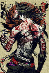  1boy 2012 arm_at_side arm_wrap bad_id bad_pixiv_id belt black_hair copyright_request covered_face cowboy_shot dragon eastern_dragon fox_mask from_behind full-body_tattoo ink long_hair male_focus mask multiple_belts new_year red_sun short_hair_with_long_locks solo studded_belt tattoo topless_male yellow_background ysk_(yusuke) 