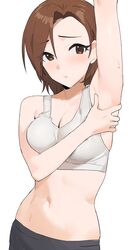  absurdres arm_up armpits asymmetrical_bangs black_pants breasts brown_hair cleavage female highres idolmaster idolmaster_cinderella_girls midriff mizuki_seira navel onao outstretched_arm pants short_hair simple_background solo tank_top white_background white_tank_top 