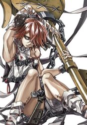  a.b.a arm_up bags_under_eyes bandages bare_shoulders blood blood_on_clothes chains dong_hole female fingerless_gloves gloves green_eyes guilty_gear guilty_gear_xx hair_over_one_eye highres ishiwatari_daisuke_(style) key key_in_head looking_to_the_side object_through_head paracelsus_(guilty_gear) red_hair scar scar_on_leg short_hair simple_background sitting solo_focus stitches thighs 