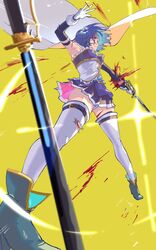  ass_visible_through_thighs blood blood_on_arm blood_on_face blood_on_leg blood_spray blue_eyes blue_hair blue_skirt blurry blurry_foreground cape corset cuts detached_sleeves dutch_angle elbow_gloves expressionless female foreshortening from_below gloves hands_up highres holding holding_sword holding_weapon injury legs_apart magical_girl mahou_shoujo_madoka_magica mahou_shoujo_madoka_magica_(anime) miki_sayaka miki_sayaka_(magical_girl) panties pantyshot planted planted_sword pointing_sword pointing_weapon saber_(weapon) short_hair simple_background skirt sleeveless solo standing sword thighhighs thighs torn_clothes torn_thighhighs underwear upskirt weapon white_cape white_corset white_gloves white_panties white_thighhighs wind wind_lift yellow_background yooki_(winter_cakes) 