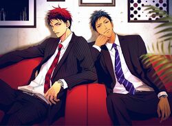  2boys a_jou aomine_daiki argyle_clothes argyle_necktie belt black_jacket black_pants black_suit blue_eyes blue_hair blue_neckwear brown_belt chair closed_mouth collared_shirt cowboy_shot dress_shirt formal head_rest indoors jacket kagami_taiga kuroko_no_basuke long_sleeves looking_at_viewer male_focus multiple_boys necktie pants pinstripe_pants pinstripe_pattern pinstripe_suit red_eyes red_hair red_necktie shirt short_hair sitting smile striped striped_necktie suit tsurime watch white_shirt wristwatch 