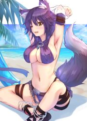  ;d animal_ear_fluff animal_ears anklet arm_belt armpits arms_behind_head bare_shoulders beach belt bikini blue_sky blush breasts brown_belt chains cloud commentary criss-cross_halter day female full_body groin hair_between_eyes halterneck impossible_clothes impossible_swimsuit jewelry large_breasts leg_belt long_hair looking_at_viewer makoto_(princess_connect!) makoto_(summer)_(princess_connect!) midriff navel ocean oerba_yun_fang one_eye_closed open_mouth outdoors palm_leaf princess_connect! purple_bikini purple_hair rain_yadori shadow sidelocks sitting sky smile solo swimsuit tail teeth thigh_strap underboob undressing upper_teeth_only wolf_ears wolf_girl wolf_tail yellow_eyes 