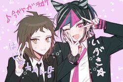  16_(0xhsk16) 1boy ahoge black_hair black_jacket black_scrunchie blue_hair collared_shirt danganronpa_(series) danganronpa_2:_goodbye_despair ear_piercing female genderswap_(ftm) genderswap_(mtf) hair_horns hand_up hands_up hinata_hajime jacket korean_commentary looking_at_viewer medium_hair mioda_ibuki multicolored_hair necktie open_clothes open_jacket open_mouth piercing pink_background pink_eyes pink_hair pink_necktie protected_link rule_63 school_uniform scrunchie shirt short_hair star_(symbol) translated upper_body v v_over_eye white_hair white_shirt wrist_scrunchie 