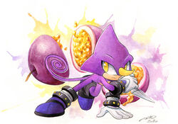  1boy artist_name dated espio_the_chameleon finik food fruit furry furry_male gloves highres holding holding_weapon horns kunai passion_fruit shoes signature single_horn solo sonic_(series) watermark weapon white_gloves 