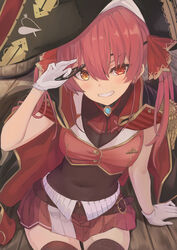  arm_support ascot bicorne black_coat black_thighhighs breasts cleavage coat coat_on_shoulders covered_navel crop_top eyepatch eyepatch_lift female gloves grin hair_between_eyes hair_ribbon hand_up hat highres hololive houshou_marine houshou_marine_(1st_costume) kiukoma leotard leotard_under_clothes long_hair looking_at_viewer medium_breasts miniskirt parted_lips pirate_hat red_eyes red_hair red_shirt red_skirt ribbon see-through see-through_cleavage shirt sitting skirt smile solo thighhighs twintails virtual_youtuber white_gloves yellow_eyes 